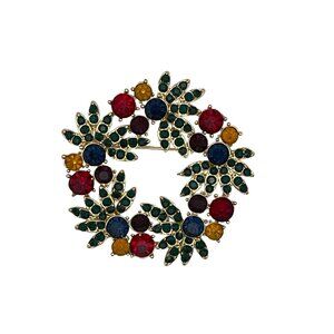 Christmas Brooch Red Green Yellow Purple Blue Rhinestones Wreath